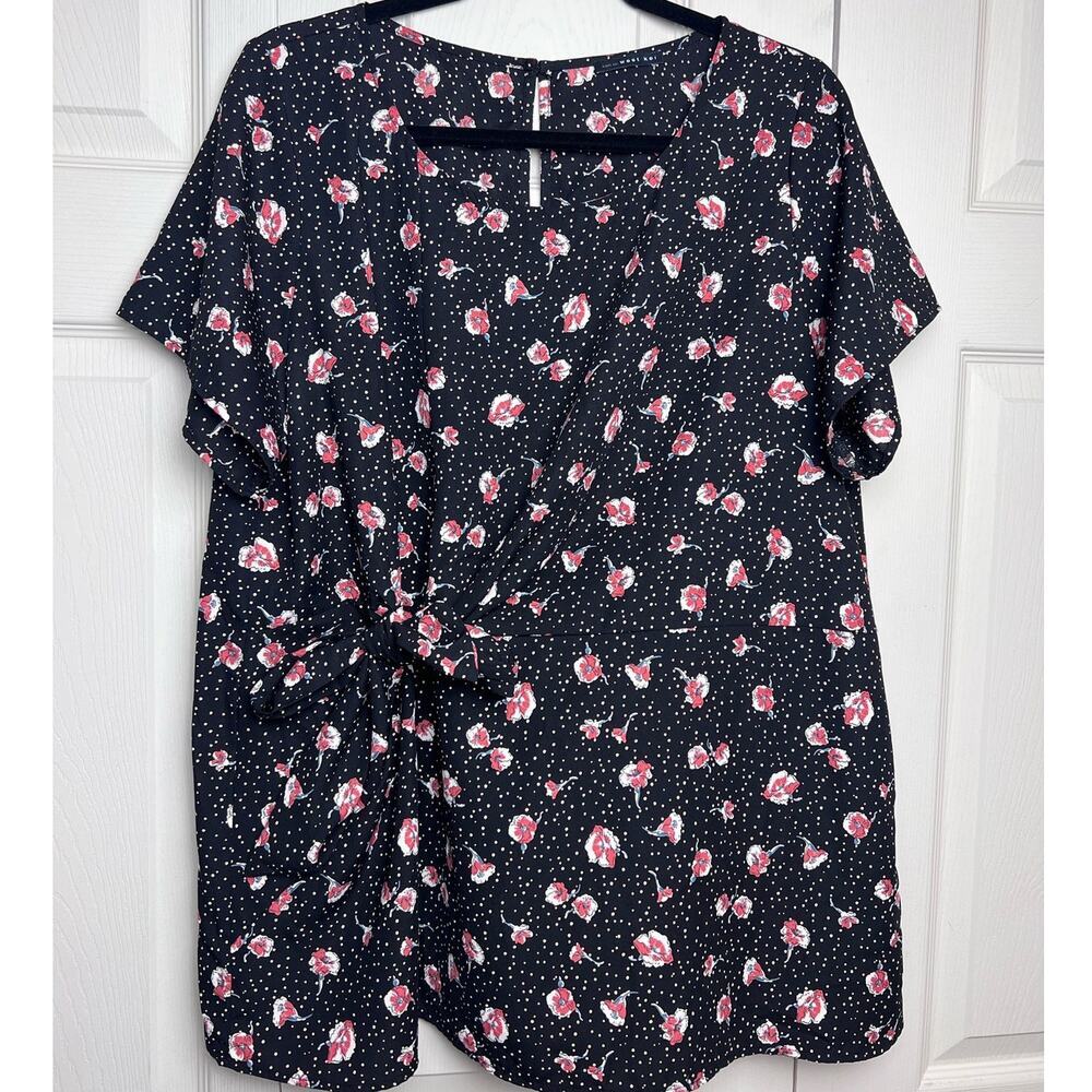 West Kai Women's Short Sleeve Top Black Red Floral Print Blouse Size 1X